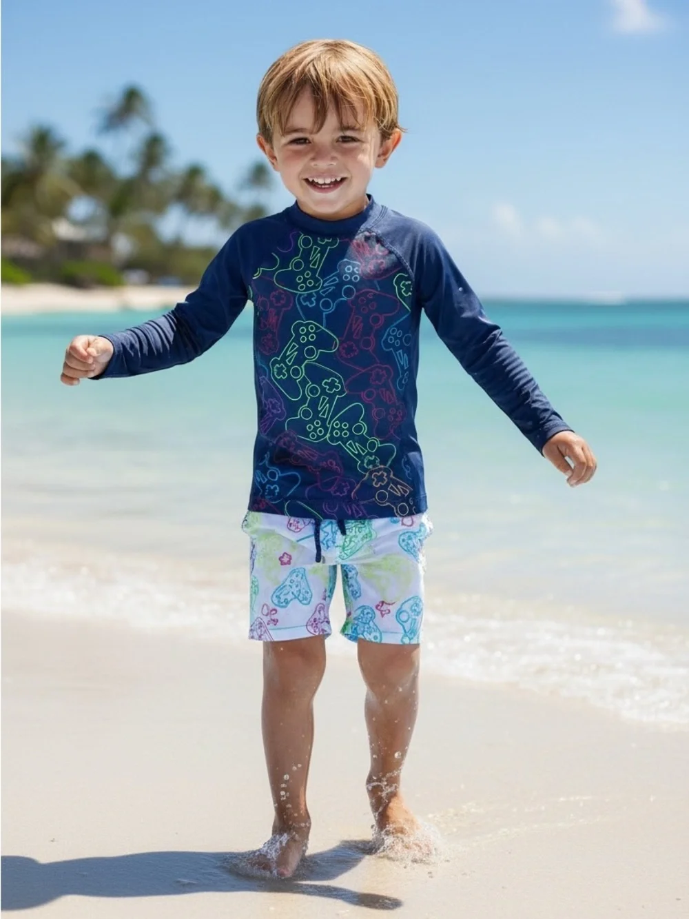 Lands' End Kids' Long-Sleeve Rashguard Set - Navy Gamer & Tie-Dye Orange NWOT